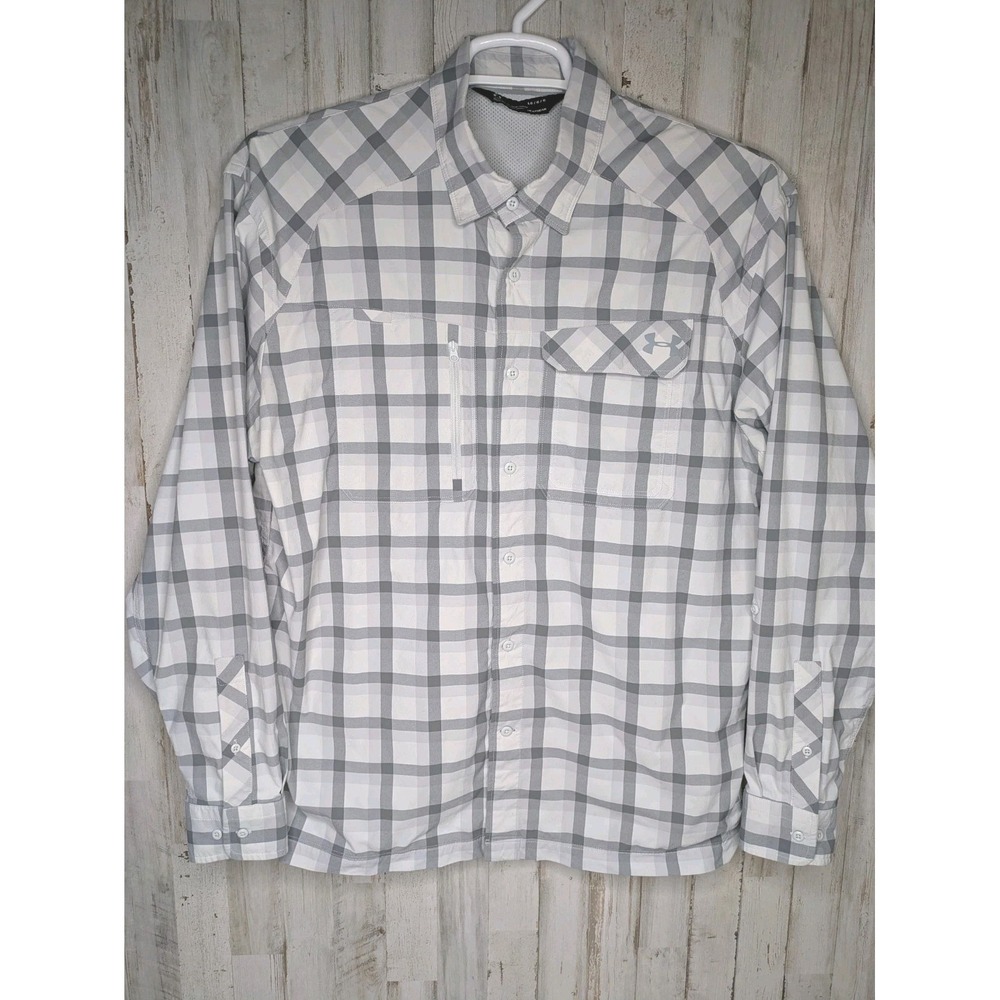Under Armour Fishing Vented Shirt Men's Large Loose Gray Plaid Outdoors Comfort